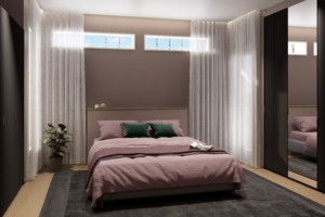 Makuuhuone koristetapetilla sisustussuunnittelu Inge Uotila, Lahti Päijät-Häme