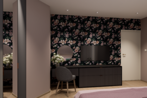 Makuuhuone koristetapetilla sisustussuunnittelu Inge Uotila, Lahti Päijät-Häme